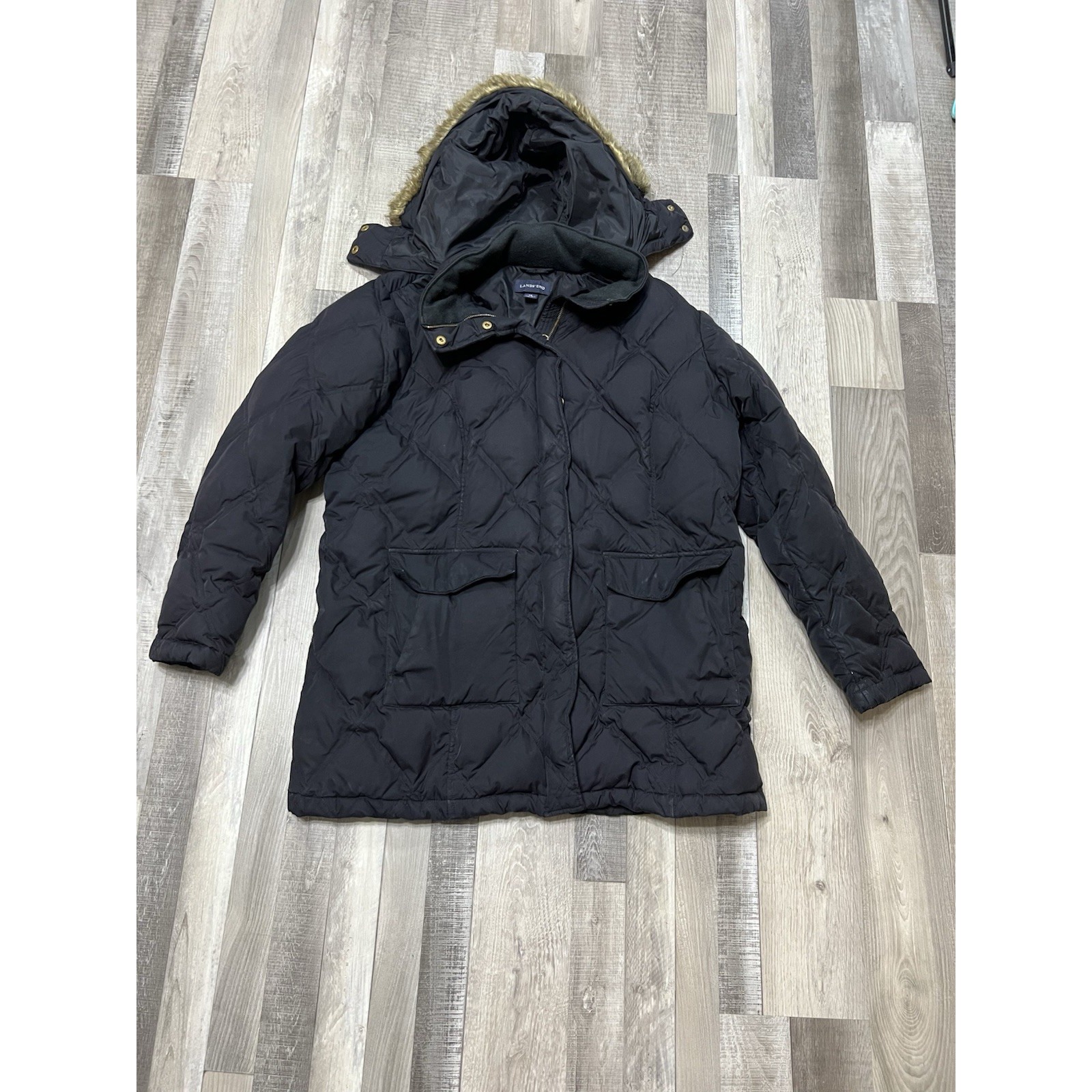 Lands' End Down Jacket Womens 1x Faux Fur Hooded Coat Parka Black Full Zip